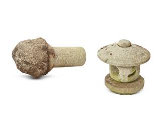 241
20th century
A Japanese ikekomi-doro stone garden lantern
Base of lantern inscribed: [illegible] / JAPA
The carved granite garden ornament lantern of four components, comprising a four-window hollow fire cavity above a rounded base and surmounted by an umbrella with globular finial, 4 pieces
Lantern: 18.25" H x 18" Dia.; Stand: 26" H x 13" Dia.
Estimate: $300 - $500
