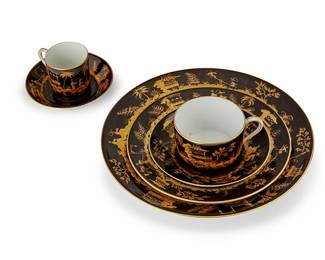 34
Late 20th century
A Le Tallec for Tiffany & Co porcelain "Nuits de Chine" partial dinner service
Each stamped to underside: Tiffany & Co. / Musée Des Arts Decoratifs / Paris / Tenues Grandias / Made in France / L Tallec Paris / © 1981 / [tree cipher]
Comprising 12 dinner plates (10.25"), 11 salad plates (7.875"), 11 demitasse cups (2.375") with 12 saucers (4.75"), and 11 flat cups (3.375") with 11 saucers (5.75"), 68 pieces
Estimate: $6,000 - $8,000