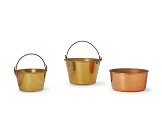 398
19th/early 20th century
Three brass and copper cookware vessels
One marked: Manufactured Ansonia Brass Co[illegible] / Pat Dec 16 185[illegible]; another marked: [illegible]terbury Brass Co. Manufactured [H. W. Hayden for Waterbury]
Comprising two handled brass jelly pots and a copper bowl, 3 pieces
Largest: 8" H x 12.75" W x 11.125" D; Copper: 5.125" H x 10.5" Dia.
Estimate: $200 - $400