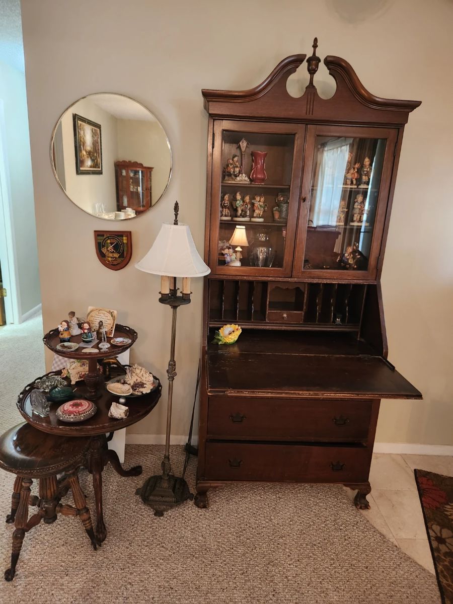 Drop front antique desk with Hummels, 2 tier table and piano stool