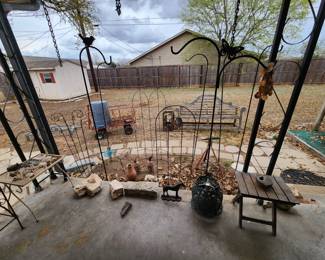 garden items, wood bench, cart, ironware