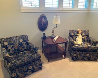 Basement: Chairs, mahogany lamp table, section hide-a-bed sofa, pine coffee table, TV, speakers, sewing room
