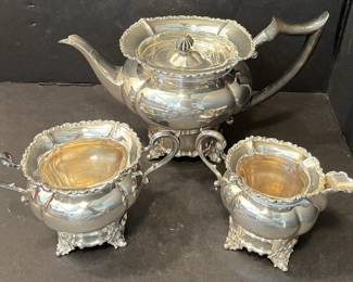 Antique Ward Bros 1906 sterling teapot, sugar, creamer with ebony handle and finial