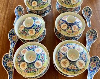 Antique Chinese export porcelain "Famille Rose" - 6 bowl sets + spoons. c1900. Qianlong mark, I believe.