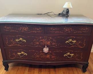 Antique chest / sideboard with glass over top and printed faux marquetry design on front + original drawer pulls