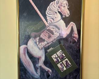 Framed poster carousel horse and set of Tiffany & Co playing cards
