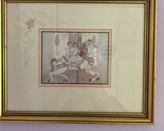 framed limited edition print by Ann Taylor - 1991 - boy and girl riding carousel horse "Something Special" series