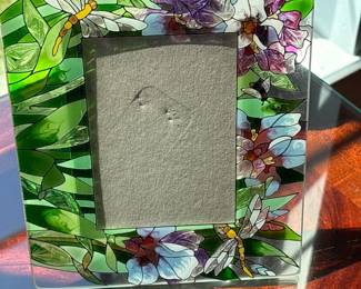 stained glass style picture frame - floral and dragonfly design