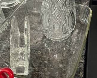 Crystal Glass Napkin Holder and Vase - Pyrex Casserole Dish