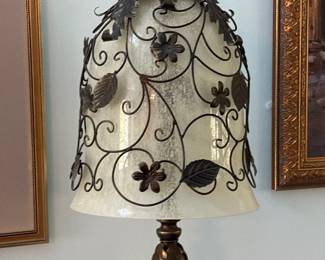Frosted Globe and ornate metal shade table lamp