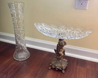 Antique Bronze Crystal Centerpiece / Fruit Holder/ Baby Cherub