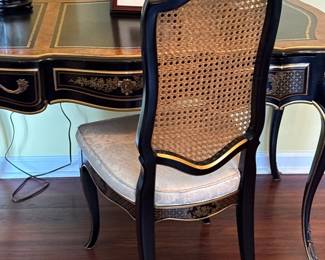 Chinoiserie Black Lacquer Gold Leather Bronze Burl Desk with Matching Chair