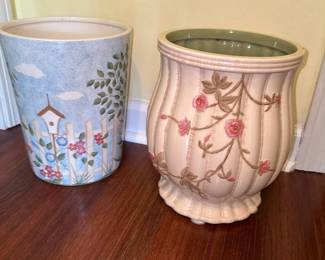 Pink Green Cream Raised Relief Floral 10" Vase or Planter