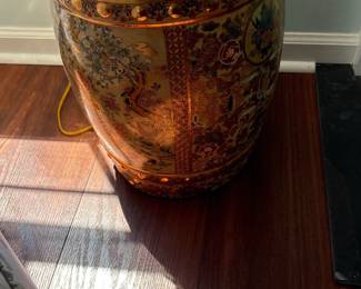vintage asian wood brass lined tea caddy drum storage jar
