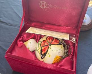 NeQWa Art Ornament Hand painted butterflies Signed P. Brent in Box
