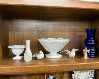 Milk Glass Pedestal Bowl - Aynsley "Little Sweetheart Vase - Homeco White Porcelain Doves - Milk Glass Anchor Hocking Fruit Bowl - Cobalt Blue Indiana Glass Vase