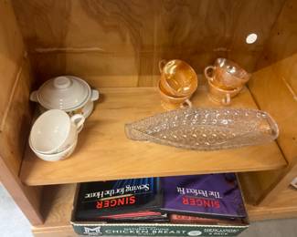 Fire King Peach Lustre Cups - Daisy & Button Canoe Boat Shaped Celery / Relish Dish