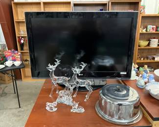 Flat Screen TV - Acrylic and Glass Deer Figurines -Glass Rocking Horse Figurine - Glass Cake Plate w/Aluminum Cover Lid