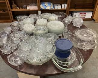 Various Glass Crystal Items - Punch Bowls, Dinnerware, Baking Ware, Cake Plates, Butter Dishes, Candy Dishes - Anchor Hocking, Pyrex, Indiana Glass, Imperial Glass, Depression Glass