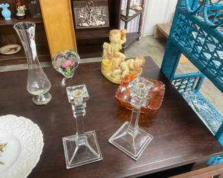 Tuscany Collection Lead Crystal Candlestick Holders - Amberina Depression Glass Square Dish