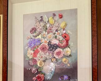 Framed 3-D Floral Artwork, Signed
