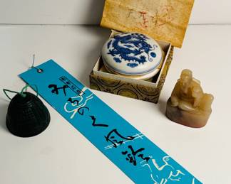 Cast iron wind chime from Japan, porcelain trinket box and jade figurine from China