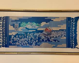 Framed antique Japanese embroidered silk table runner