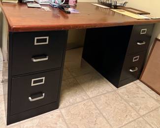 Wood top desk top over filing cabinets