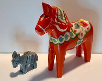 Marble burro and painted wood horse from Sweden