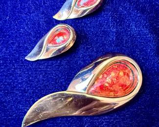 Matisse Renoir orange speckled earrings and brooch