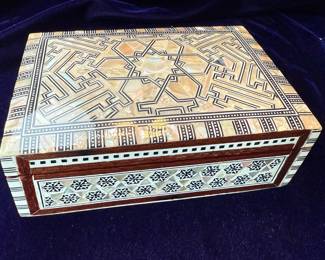Egyptian wood jewelry box with inlaid Mother of Pearl