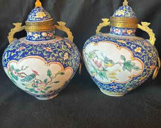 Rare hand painted enamel ginger jars with brass/bronze