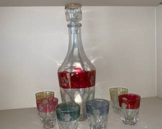 Vintage multicolored set/ decanter and 6 shot glasses