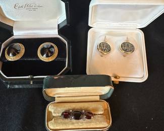 Fabulous 14 kt gold earrings. Antique garnet pin
