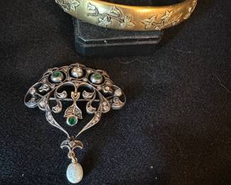 heavy 14 kt gold bangle. exquisite emerald/diamond pin with opal