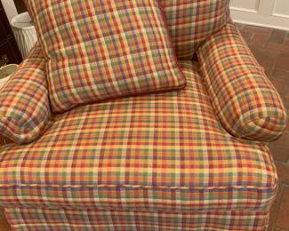 Retro pair of plaid upholstered chairs with pillows. Comfy and in excellent condition.