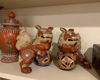 Pair Foo Dogs gold and Red. Ginger jar