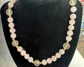 14 kt gold, pink quartz with smokey quartz necklace