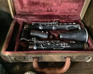 ASSORTED FIGURINES, JACKS, GRINDER, CHILDRENS CHAIR, VTG. VINYL ALBUMS, CLARINET