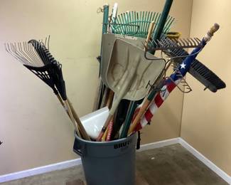 ASSORTED LAWN-LANDSCAPING TOOLS, STEEL RAKES, SHOVELS, U.S. FLAG IN THE GROUP