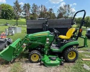 JOHN DEERE 1025r TRACTOR ( Loader, Rotary Cutter, Mower, I Match Hitch) For information on the tractor please call, text, or email 