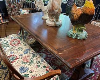 Tressle Table with 2 leaves 4 Chairs and Bench