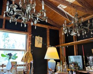 Aha! Two fun chandeliers for restoring. One has complete crystals, the other would be great to mix other crystals into the mix.
