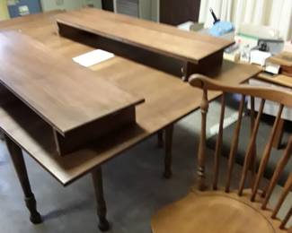 Large hardwood table with three leaves, six chairs. $300