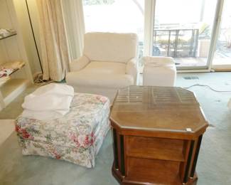 $100 - White Slicovered Chair and Ottoman (floral upholstery underneath); $80 - Lamp Table