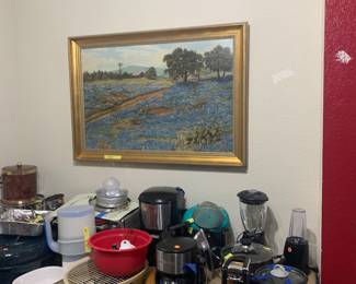 Beautiful old barn and bluebonnet painting.the some culinary kitchen accessories! 