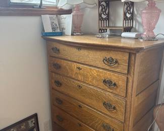 SOlid oak Chest plus beautiful spatter glass pink lamps