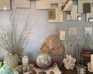 Rustic wooden table, mirrored wall-hanging, Living Room