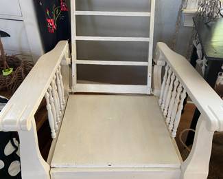 Antique claw foot adjustable-back white painted chair, black and white polka dot cushions sold separately