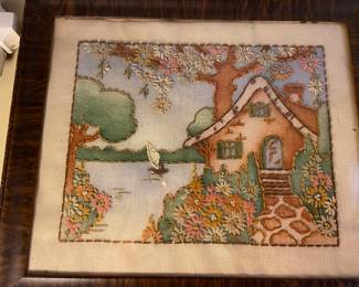 Antique frame and vintage chenille needlepoint cottage scene